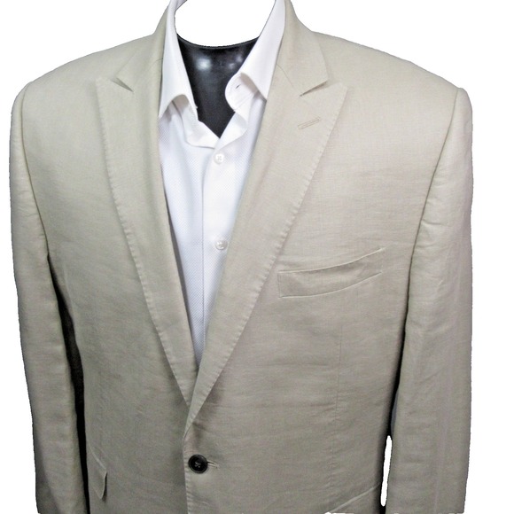 Calvin Klein Sport Coat 42R Ivory 100% Linen Peak Lapel Double Vent Lightweight